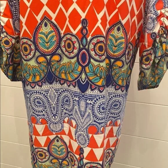 West Kei Orange and Blue Resort Wear Sundress with 3/4 Bishop Sleeves - Picture 8 of 10